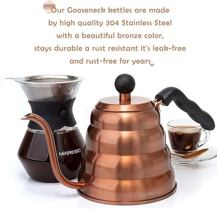 Mixpresso Gooseneck Pour Over Coffee Kettle, Barista Pour Control Design For Coffee & Tea High-Grade Stainless Steel 1.2 Liter (40 Oz) Drip Coffee Induction Cooker, Copper Stovetop Kettle - Image 4