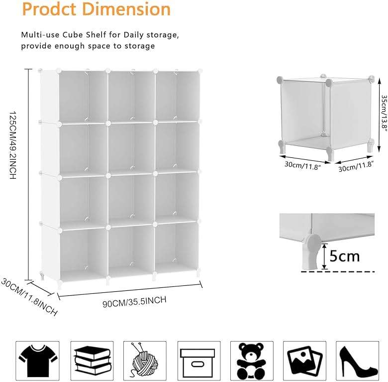 AWTATOS Cube Storage Organizer Storage 12 Cube Bookshelf DIY Plastic Closet Clothes Storage Shelves with Wooden Mallet, Stackable Storage Solution for Home, Bedroom, White - Image 3