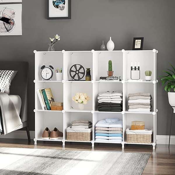 AWTATOS Cube Storage Organizer Storage 12 Cube Bookshelf DIY Plastic Closet Clothes Storage Shelves with Wooden Mallet, Stackable Storage Solution for Home, Bedroom, White - Image 4