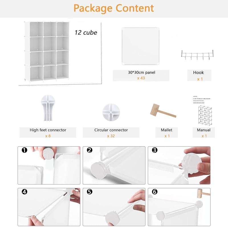 AWTATOS Cube Storage Organizer Storage 12 Cube Bookshelf DIY Plastic Closet Clothes Storage Shelves with Wooden Mallet, Stackable Storage Solution for Home, Bedroom, White - Image 7
