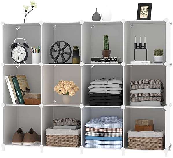 AWTATOS Cube Storage Organizer Storage 12 Cube Bookshelf DIY Plastic Closet Clothes Storage Shelves with Wooden Mallet, Stackable Storage Solution for Home, Bedroom, White - Image 8