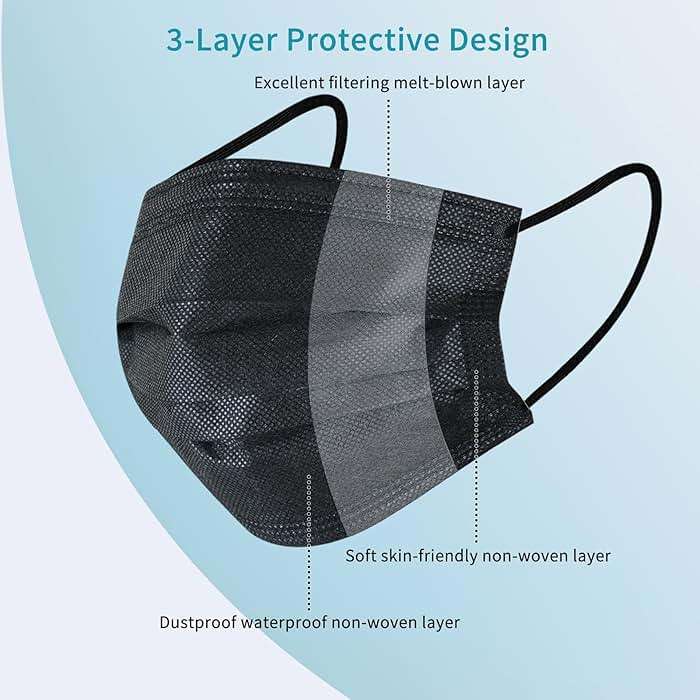 akgk 100Pcs Disposable Face Masks, Black Face Mask, 3 Ply Disposable Mask | Breathable Mask For Adults, Great For Outdoors, Home, Office, School - Image 2