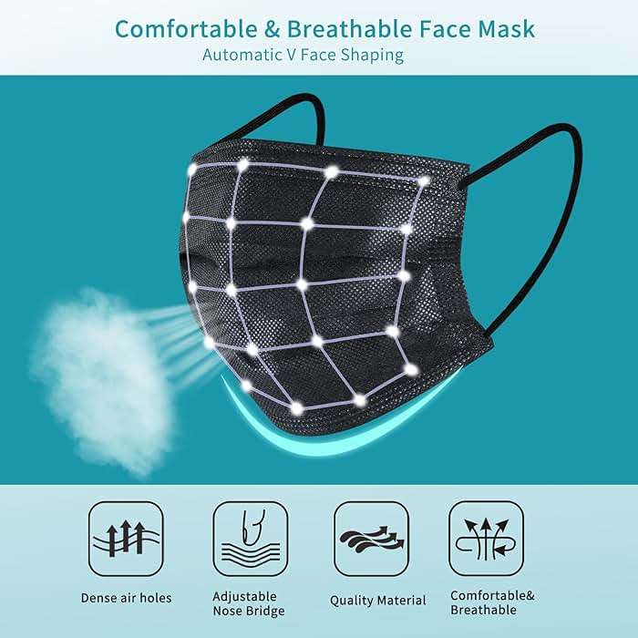 akgk 100Pcs Disposable Face Masks, Black Face Mask, 3 Ply Disposable Mask | Breathable Mask For Adults, Great For Outdoors, Home, Office, School - Image 3