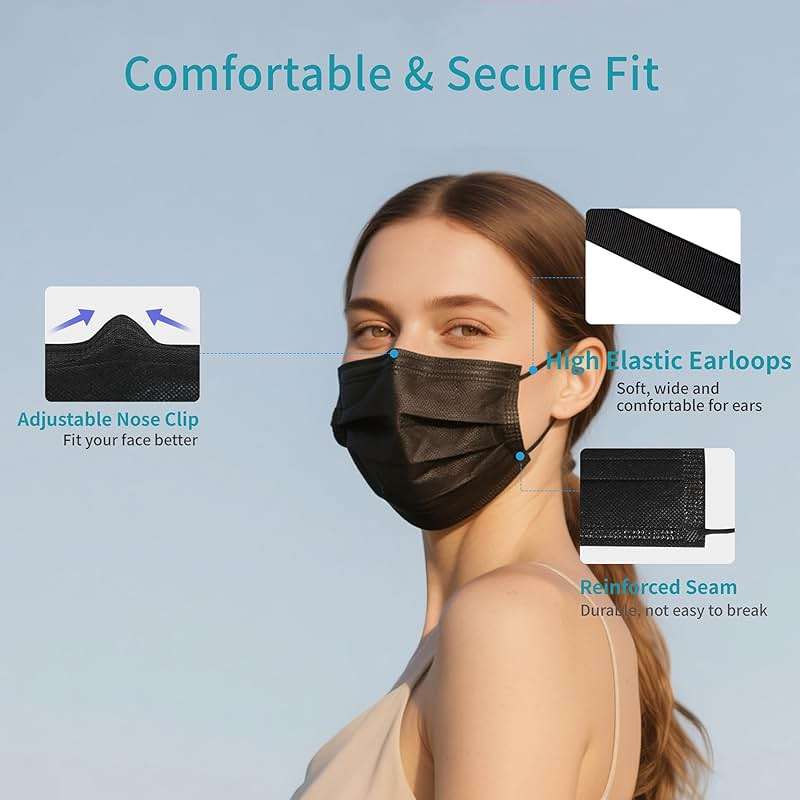akgk 100Pcs Disposable Face Masks, Black Face Mask, 3 Ply Disposable Mask | Breathable Mask For Adults, Great For Outdoors, Home, Office, School - Image 4