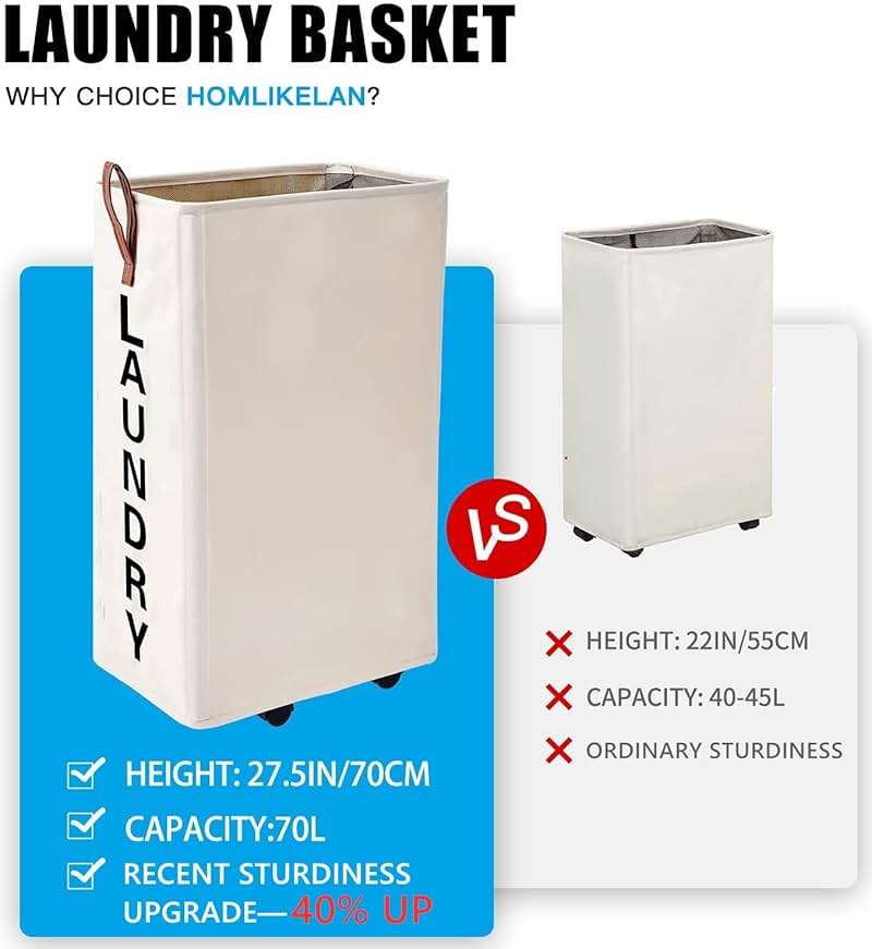 Homlikelan 70L Large Rolling Laundry Hamper - Tall Narrow Basket With Wheels, Slim Clothes Bin, 27.5" Beige - Image 4