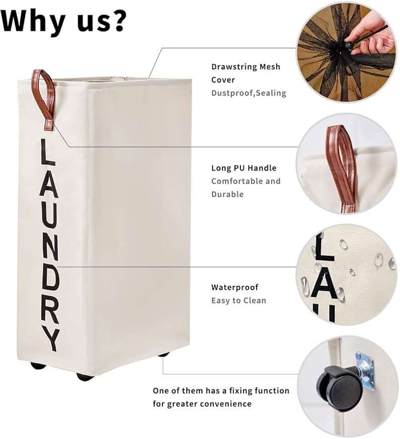 Homlikelan 70L Large Rolling Laundry Hamper - Tall Narrow Basket With Wheels, Slim Clothes Bin, 27.5" Beige - Image 5