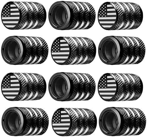 Tire Valve Stem Cap Cover - (12 Pack) Tire Air Cap Metal with Plastic Liner Corrosion Resistant Leak-Proof American Flag for Car Truck Motorcycle Bike Black - Image 1
