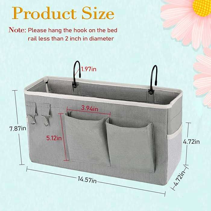 Ozzptuu Bedside Storage Caddy/Bedside Hanging Storage Bag for Headboards Bunk Beds Dorm Rooms Book Phone Magazine Holder (Grey) - Image 2