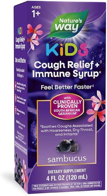 Nature's Way Sambucus Kids Cough Relief +(1) Immune Syrup*, Feel Better Faster(1), Clinically Proven South African Geranium, with Elderberry Extract, Vitamin C & Zinc, Gluten Free, Vegan, 4 Fl Oz - Image 1