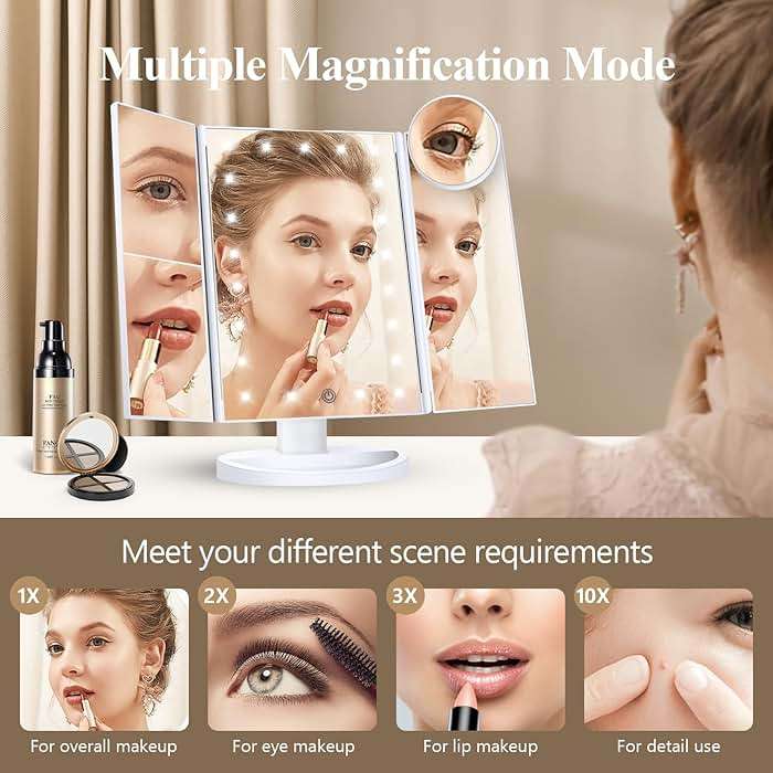 HUONUL Makeup Mirror, Vanity Mirror with Lights, 2X/3X/10X Magnification, Touch Control, Trifold, Dual Power Supply, Birthday Gifts for Women, Wife, Mom, Girls,Dorm Room Essentials - Image 4
