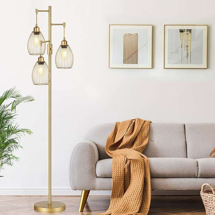 Dimmable Floor Lamp, Industrial Floor Lamps for Living Room, Gold Tree Lamp Standing Lamp Tall Lamps with 3 Elegant Teardrop Cage Head & 800 Lumens LED Bulbs for Living room Bedroom Office Dining Room - Image 6