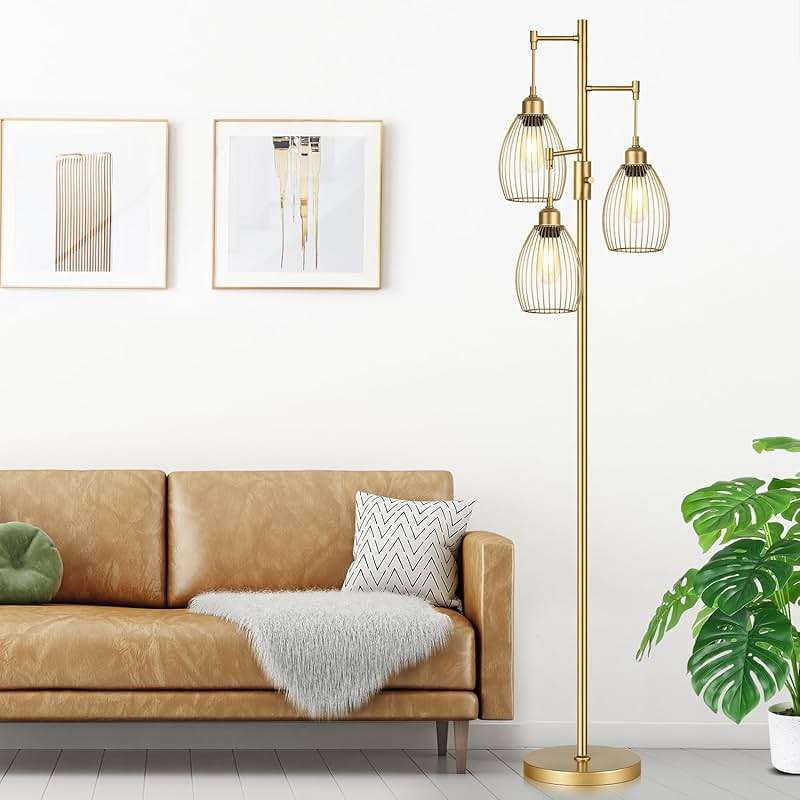 Dimmable Floor Lamp, Industrial Floor Lamps for Living Room, Gold Tree Lamp Standing Lamp Tall Lamps with 3 Elegant Teardrop Cage Head & 800 Lumens LED Bulbs for Living room Bedroom Office Dining Room - Image 7
