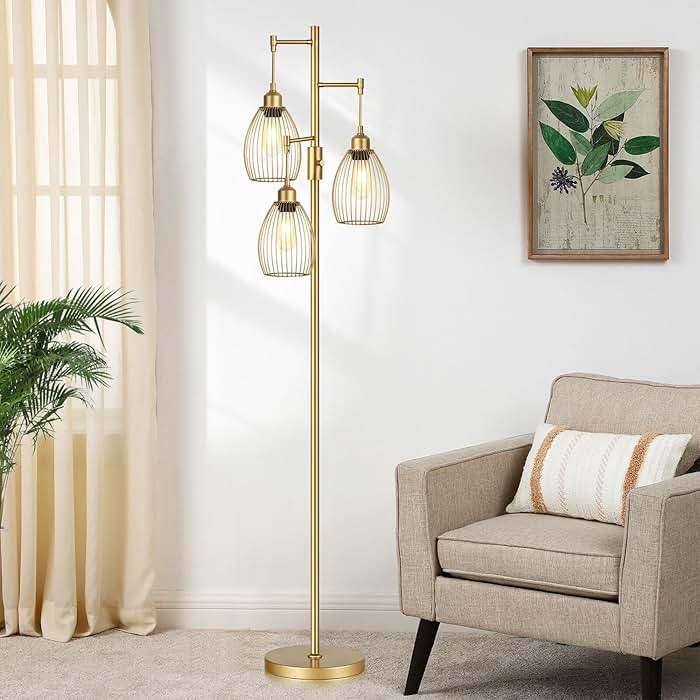 Dimmable Floor Lamp, Industrial Floor Lamps for Living Room, Gold Tree Lamp Standing Lamp Tall Lamps with 3 Elegant Teardrop Cage Head & 800 Lumens LED Bulbs for Living room Bedroom Office Dining Room - Image 8