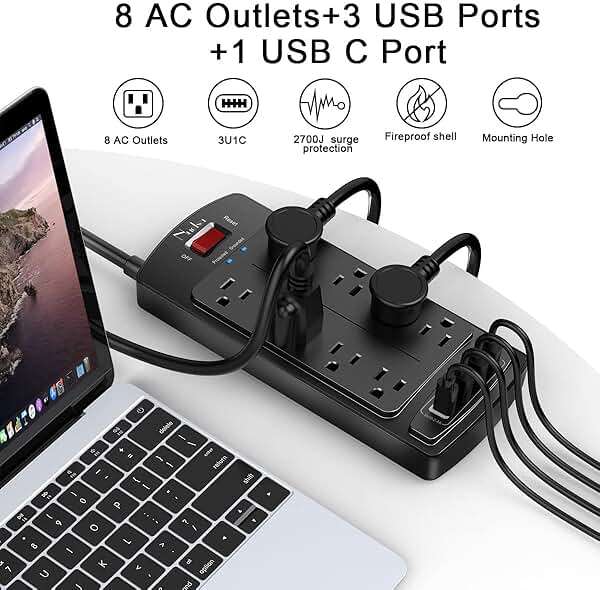 Surge Protector Power Strip - Nuetsa Flat Plug Extension Cord with 8 Outlets and 4 USB Ports, 6 Feet Power Cord, 2700 Joules, ETL Listed, Black - Image 2