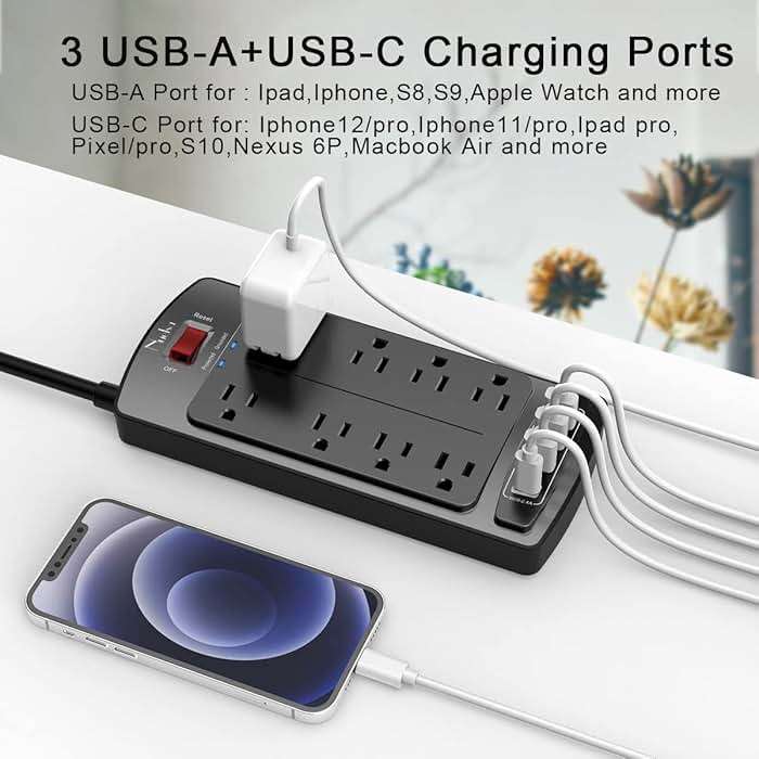 Surge Protector Power Strip - Nuetsa Flat Plug Extension Cord with 8 Outlets and 4 USB Ports, 6 Feet Power Cord, 2700 Joules, ETL Listed, Black - Image 4