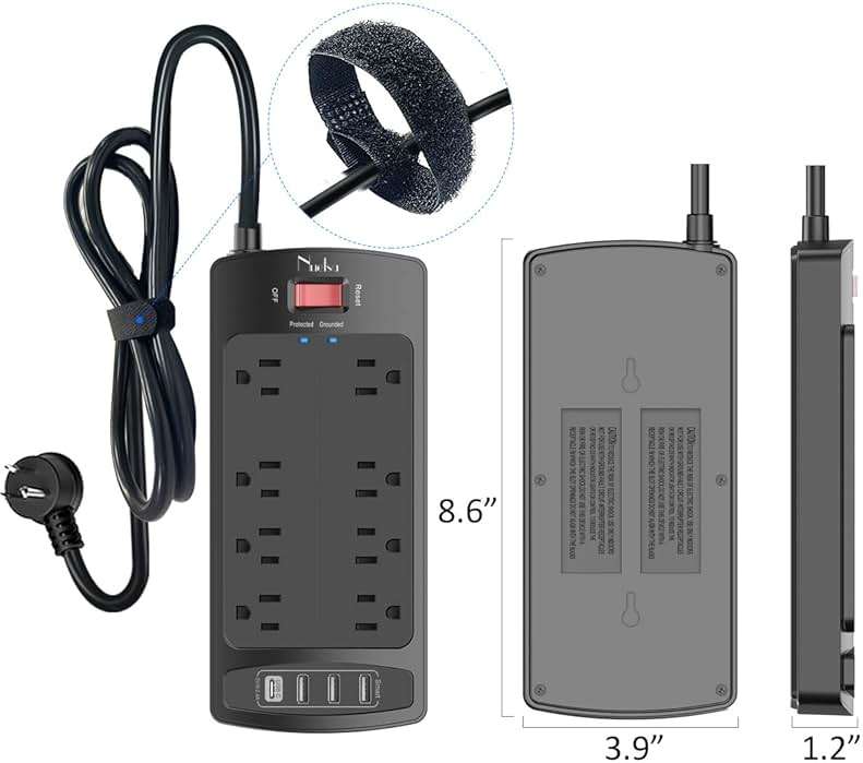 Surge Protector Power Strip - Nuetsa Flat Plug Extension Cord with 8 Outlets and 4 USB Ports, 6 Feet Power Cord, 2700 Joules, ETL Listed, Black - Image 7
