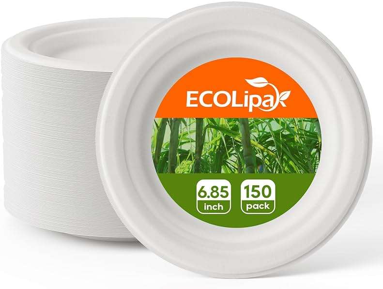 ECOLipak 6.85 Inch Compostable Dessert Paper Plates, 150 Pack Disposable Biodegradable Heavy Duty Eco-friendly Sugarcane Bagasse Halloween Plates for Party - Image 1