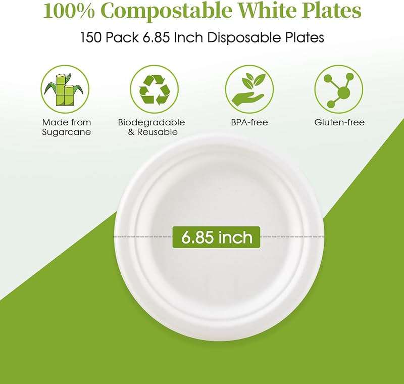 ECOLipak 6.85 Inch Compostable Dessert Paper Plates, 150 Pack Disposable Biodegradable Heavy Duty Eco-friendly Sugarcane Bagasse Halloween Plates for Party - Image 3