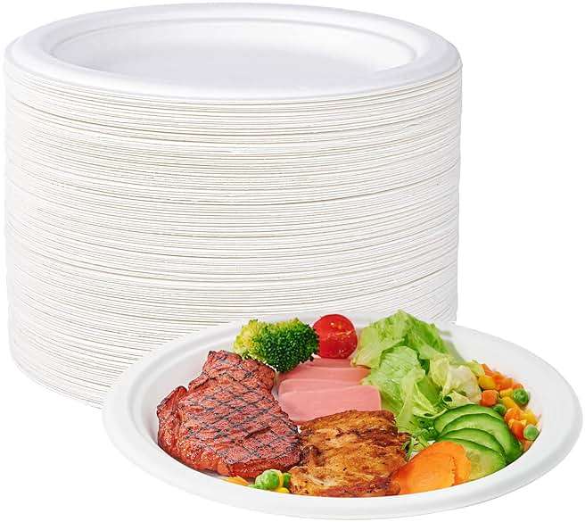 ECOLipak 100% Compostable 10 Inch Heavy Duty Paper Plates, 150 Pack Disposable Biodegradable Eco-friendly Sugarcane Bagasse Plates for Dinner Party(White) - Image 1