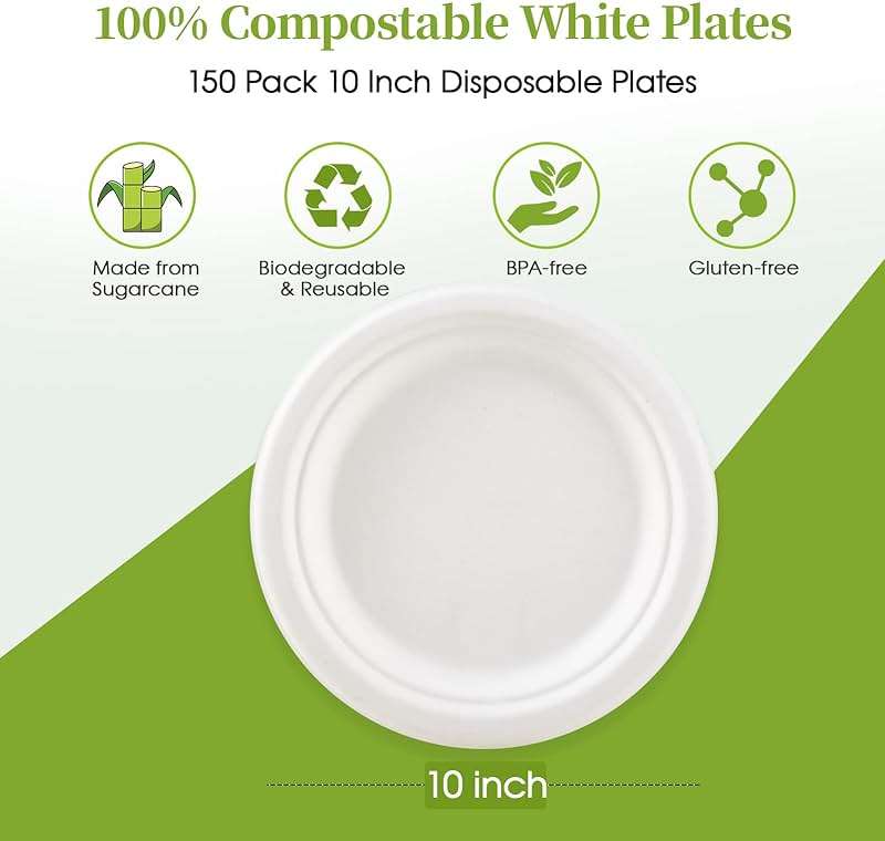 ECOLipak 100% Compostable 10 Inch Heavy Duty Paper Plates, 150 Pack Disposable Biodegradable Eco-friendly Sugarcane Bagasse Plates for Dinner Party(White) - Image 3