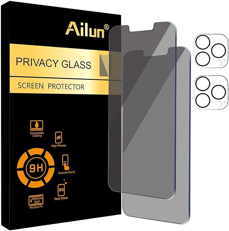 Ailun 2Pack Privacy Screen Protector for iPhone 13 Pro Max [6.7 inch] + 2 Pack Camera Lens Protector, Anti Spy Private Tempered Glass Film, [9H Hardness] - HD - Image 1