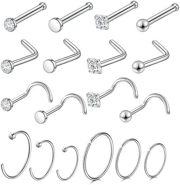 Surgical Steel Nose Piercing Jewelry - 20G & 18G Nose Rings & Studs, Hoops 8mm-12mm, CZ Diamond 1.5mm-3mm, L-Shaped & Hoop Styles for Women & Men - Image 1