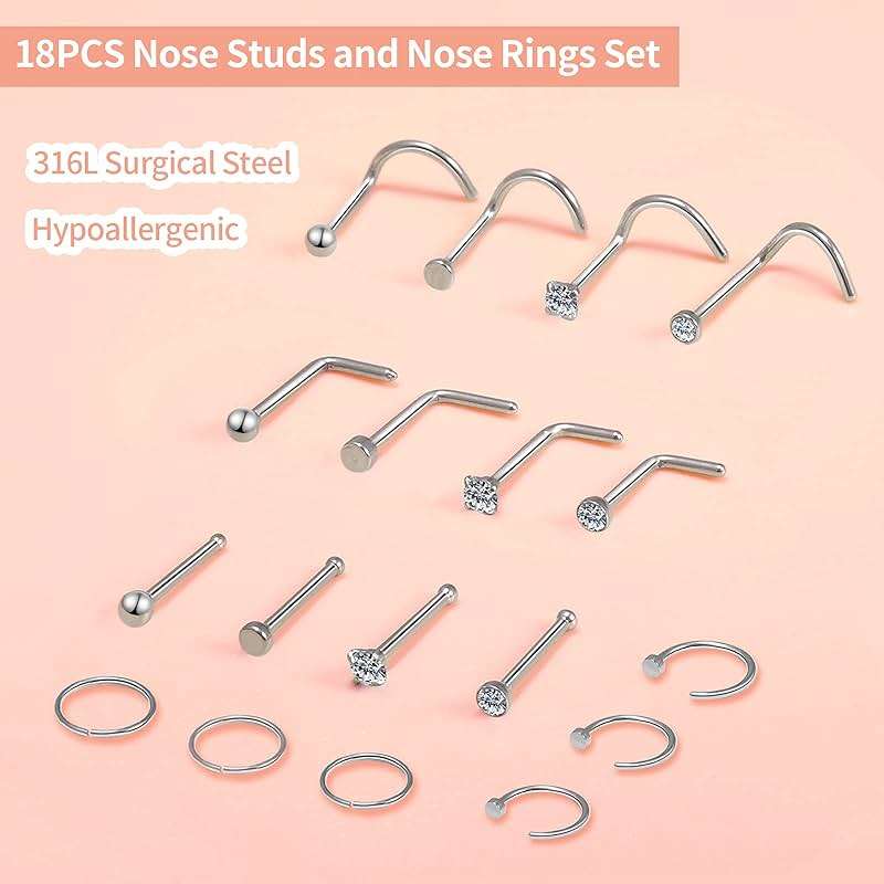Surgical Steel Nose Piercing Jewelry - 20G & 18G Nose Rings & Studs, Hoops 8mm-12mm, CZ Diamond 1.5mm-3mm, L-Shaped & Hoop Styles for Women & Men - Image 2