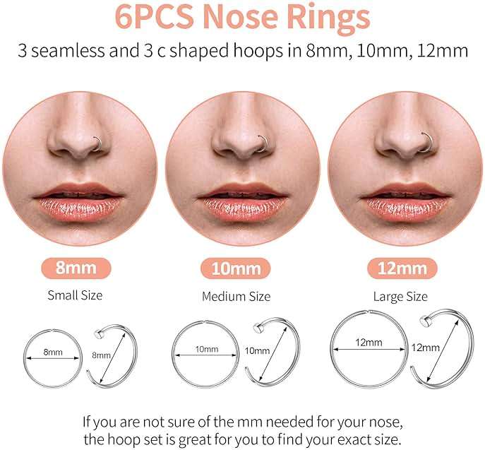 Surgical Steel Nose Piercing Jewelry - 20G & 18G Nose Rings & Studs, Hoops 8mm-12mm, CZ Diamond 1.5mm-3mm, L-Shaped & Hoop Styles for Women & Men - Image 3