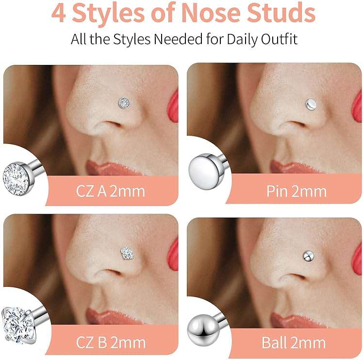 Surgical Steel Nose Piercing Jewelry - 20G & 18G Nose Rings & Studs, Hoops 8mm-12mm, CZ Diamond 1.5mm-3mm, L-Shaped & Hoop Styles for Women & Men - Image 5