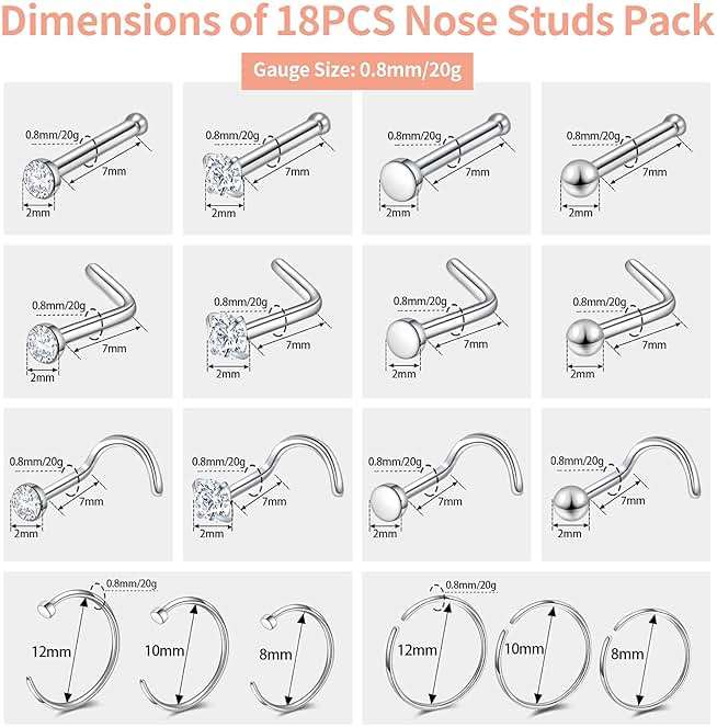 Surgical Steel Nose Piercing Jewelry - 20G & 18G Nose Rings & Studs, Hoops 8mm-12mm, CZ Diamond 1.5mm-3mm, L-Shaped & Hoop Styles for Women & Men - Image 6