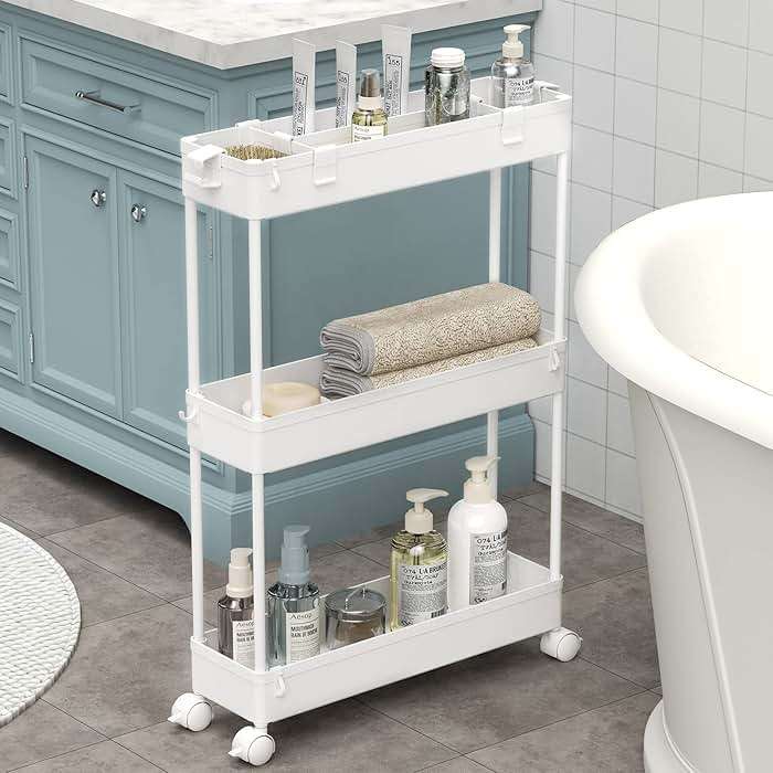 SPACELEAD Slim Storage Cart 3 Tier,Bathroom Organizer Rolling Utility, Mobile Shelving Unit Slide Out for Office, Kitchen, Laundry Room & Narrow Places,White - Image 1