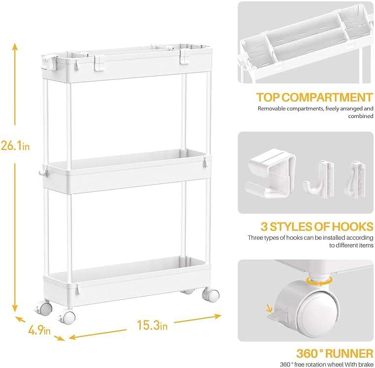 SPACELEAD Slim Storage Cart 3 Tier,Bathroom Organizer Rolling Utility, Mobile Shelving Unit Slide Out for Office, Kitchen, Laundry Room & Narrow Places,White - Image 2
