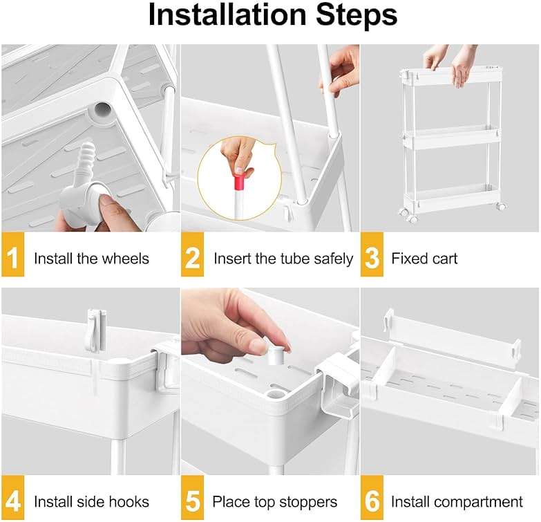 SPACELEAD Slim Storage Cart 3 Tier,Bathroom Organizer Rolling Utility, Mobile Shelving Unit Slide Out for Office, Kitchen, Laundry Room & Narrow Places,White - Image 6