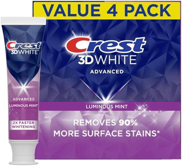 Crest 3D White Advanced Luminous Mint Teeth Whitening Toothpaste, Crest Toothpaste, 3.7 oz Pack of 4 - Helps Remove Surface Stains, Whitens Teeth, Strengthens Tooth Enamel, Protects Against Cavities - Image 1