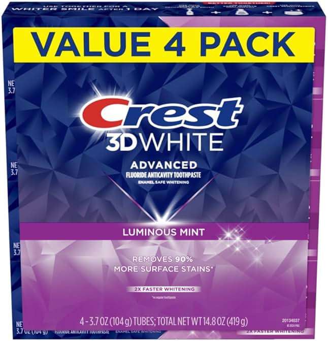 Crest 3D White Advanced Luminous Mint Teeth Whitening Toothpaste, Crest Toothpaste, 3.7 oz Pack of 4 - Helps Remove Surface Stains, Whitens Teeth, Strengthens Tooth Enamel, Protects Against Cavities - Image 8