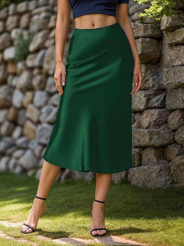 Modegal Women's Satin High Waist Hidden Elasticized Waistband Flared Casual A Line Midi Skirt - Image 2