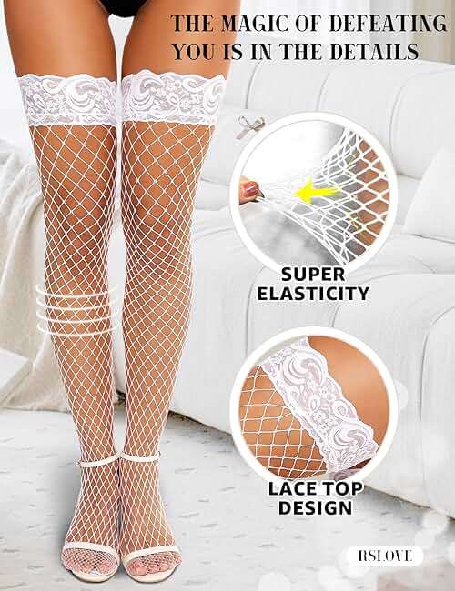 RSLOVE Women's Lace Top Fishnet Thigh-High Stockings with Antiskid Silicone Sexy Stay Up Tights Pantyhose - Image 3