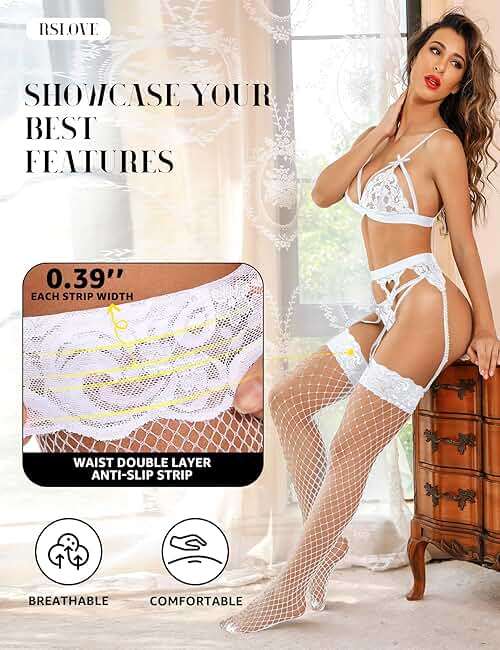 RSLOVE Women's Lace Top Fishnet Thigh-High Stockings with Antiskid Silicone Sexy Stay Up Tights Pantyhose - Image 4