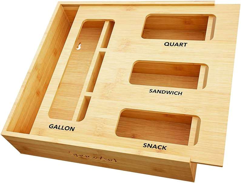 SpaceAid Bag Storage Organizer for Kitchen Drawer, Bamboo Organizer, Compatible with Gallon, Quart, Sandwich and Snack Variety Size Bag (1 Box 4 Slots) - Image 1