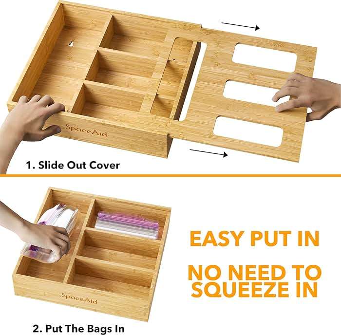 SpaceAid Bag Storage Organizer for Kitchen Drawer, Bamboo Organizer, Compatible with Gallon, Quart, Sandwich and Snack Variety Size Bag (1 Box 4 Slots) - Image 2
