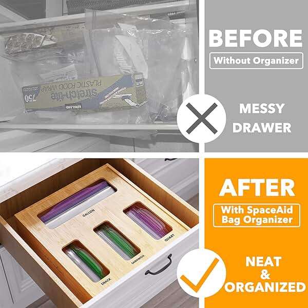 SpaceAid Bag Storage Organizer for Kitchen Drawer, Bamboo Organizer, Compatible with Gallon, Quart, Sandwich and Snack Variety Size Bag (1 Box 4 Slots) - Image 3