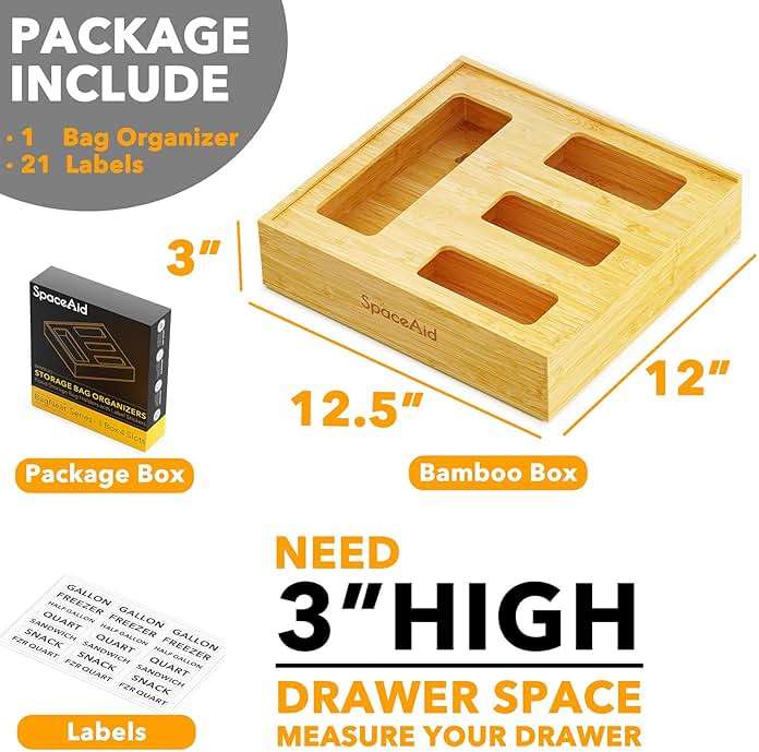 SpaceAid Bag Storage Organizer for Kitchen Drawer, Bamboo Organizer, Compatible with Gallon, Quart, Sandwich and Snack Variety Size Bag (1 Box 4 Slots) - Image 5