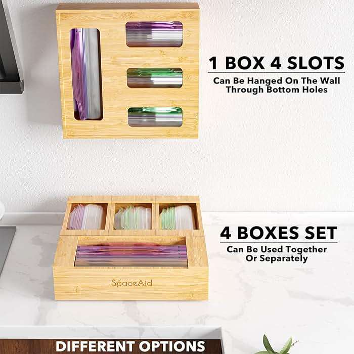 SpaceAid Bag Storage Organizer for Kitchen Drawer, Bamboo Organizer, Compatible with Gallon, Quart, Sandwich and Snack Variety Size Bag (1 Box 4 Slots) - Image 6