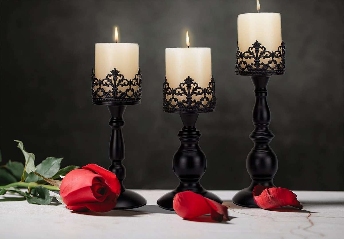 BANOMII Vintage Pillar Candle Holders for Table Centerpiece Set of 3-11'' 9'' 8'' - Matte Black Metal Candle Stands Decorative - Candle Centerpiece for Table Fireplace Decor - Gothic Candle Holder - Image 2