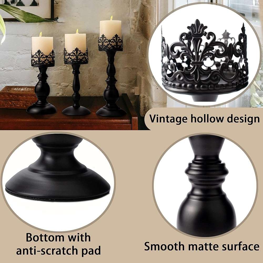 BANOMII Vintage Pillar Candle Holders for Table Centerpiece Set of 3-11'' 9'' 8'' - Matte Black Metal Candle Stands Decorative - Candle Centerpiece for Table Fireplace Decor - Gothic Candle Holder - Image 4