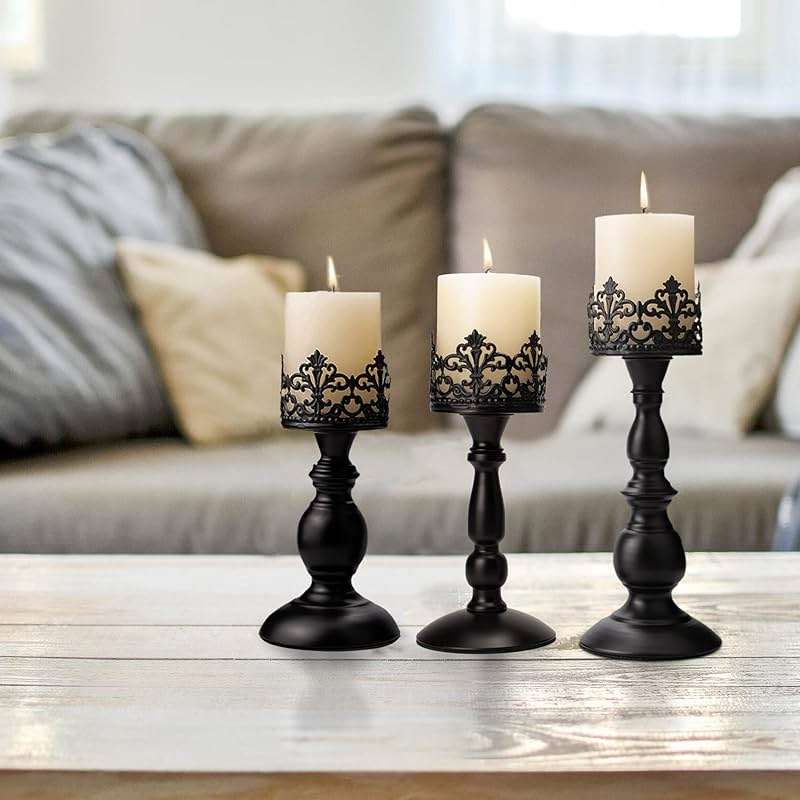 BANOMII Vintage Pillar Candle Holders for Table Centerpiece Set of 3-11'' 9'' 8'' - Matte Black Metal Candle Stands Decorative - Candle Centerpiece for Table Fireplace Decor - Gothic Candle Holder - Image 5