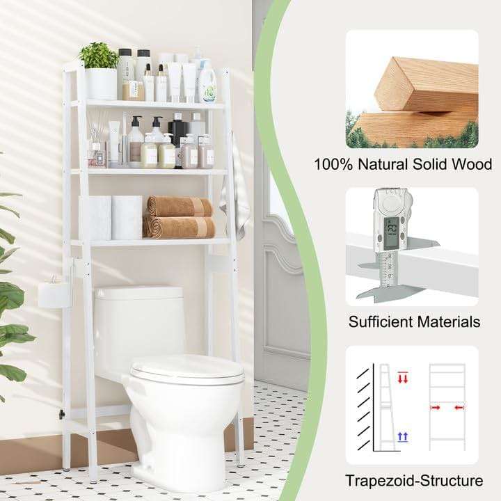 MallKing Over The Toilet Storage, Wooden 3-Tier Over-The-Toilet Rack Bathroom Space Saver Organizer, Freestanding Above Toilet with Toilet Paper Holder and Hooks (White) - Image 4