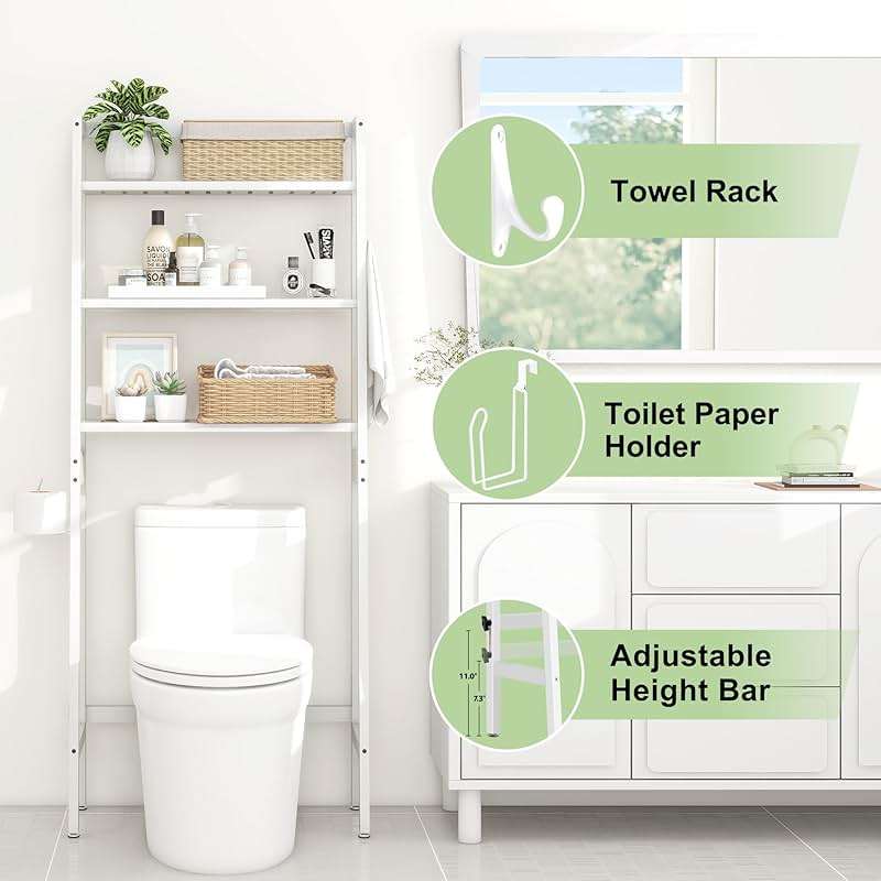 MallKing Over The Toilet Storage, Wooden 3-Tier Over-The-Toilet Rack Bathroom Space Saver Organizer, Freestanding Above Toilet with Toilet Paper Holder and Hooks (White) - Image 5