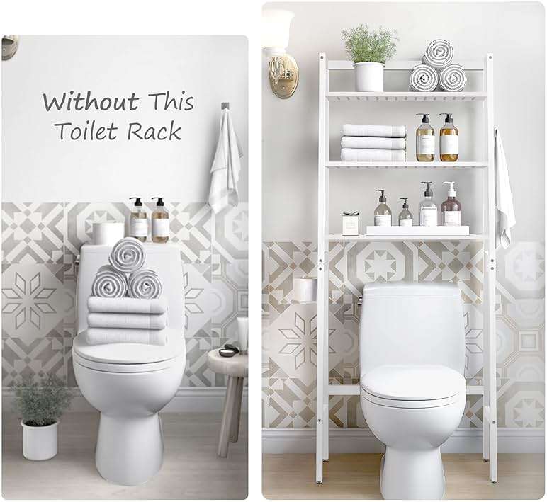 MallKing Over The Toilet Storage, Wooden 3-Tier Over-The-Toilet Rack Bathroom Space Saver Organizer, Freestanding Above Toilet with Toilet Paper Holder and Hooks (White) - Image 6
