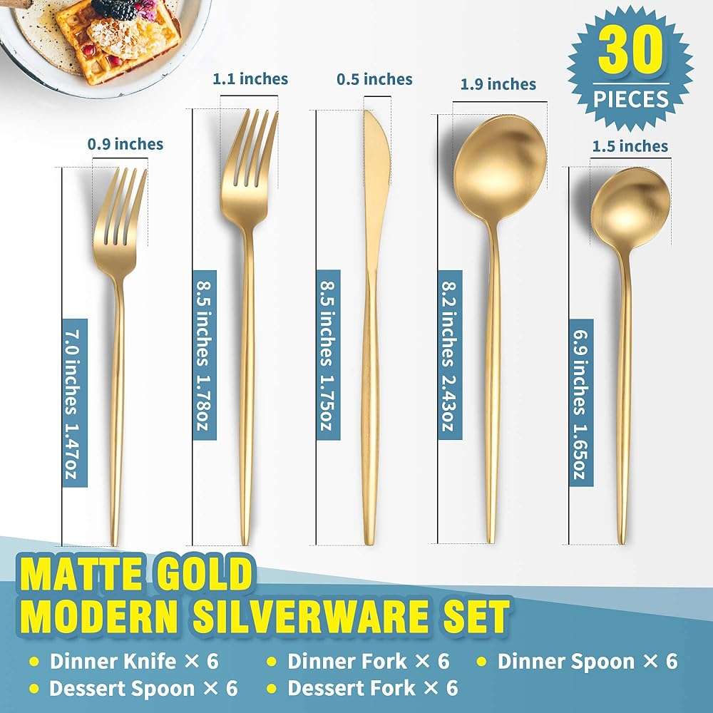 Lemeya Matte Gold Silverware Set for 6,Modern Stainless Steel Brushed Cutlery Set,30-Pieces Heavy Duty Flatware Set,Knives Spoons and Forks Set Utensils Set,Satin Finish,Dishwasher Safe - Image 2